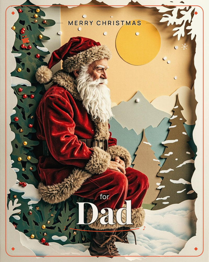 A layered paper-cut illustration shows Santa in profile, seated among decorated pine trees, his fur-trimmed red coat and long white beard rendered in…, a christmas e-card design