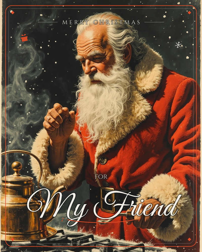 A weathered figure in a red, fur-trimmed coat leans close over a brass kettle, warming his hands in the rising steam while snow-flecked darkness…, a christmas e-card design