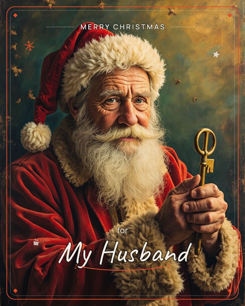 A man dressed as Santa Claus, in a red velvet coat trimmed with cream fur, holds up an ornate golden key between his weathered hands, a christmas e-card design