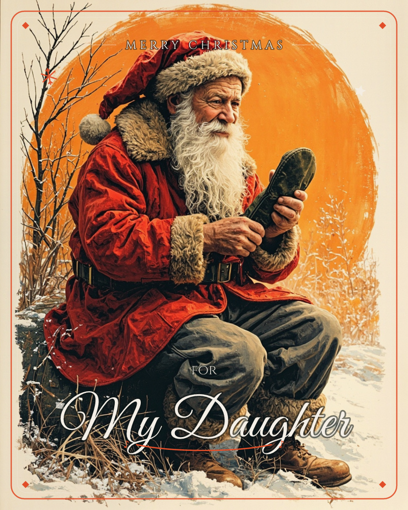 Santa sits on a snowy tree stump against a huge glowing orange sun, examining a small dark object he holds in both hands, his fur-trimmed red coat and…, a christmas e-card design
