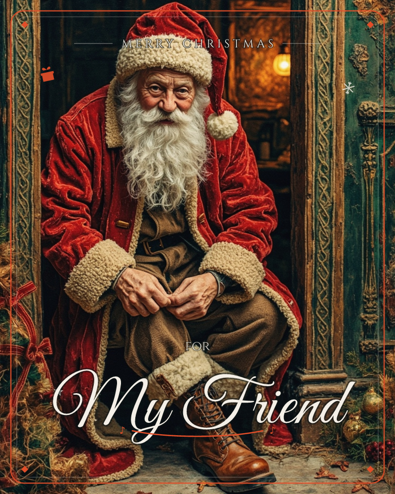A weathered Santa figure in a deep red velvet coat trimmed with cream fleece sits in a carved wooden doorway, lacing up his brown leather boots, a christmas e-card design