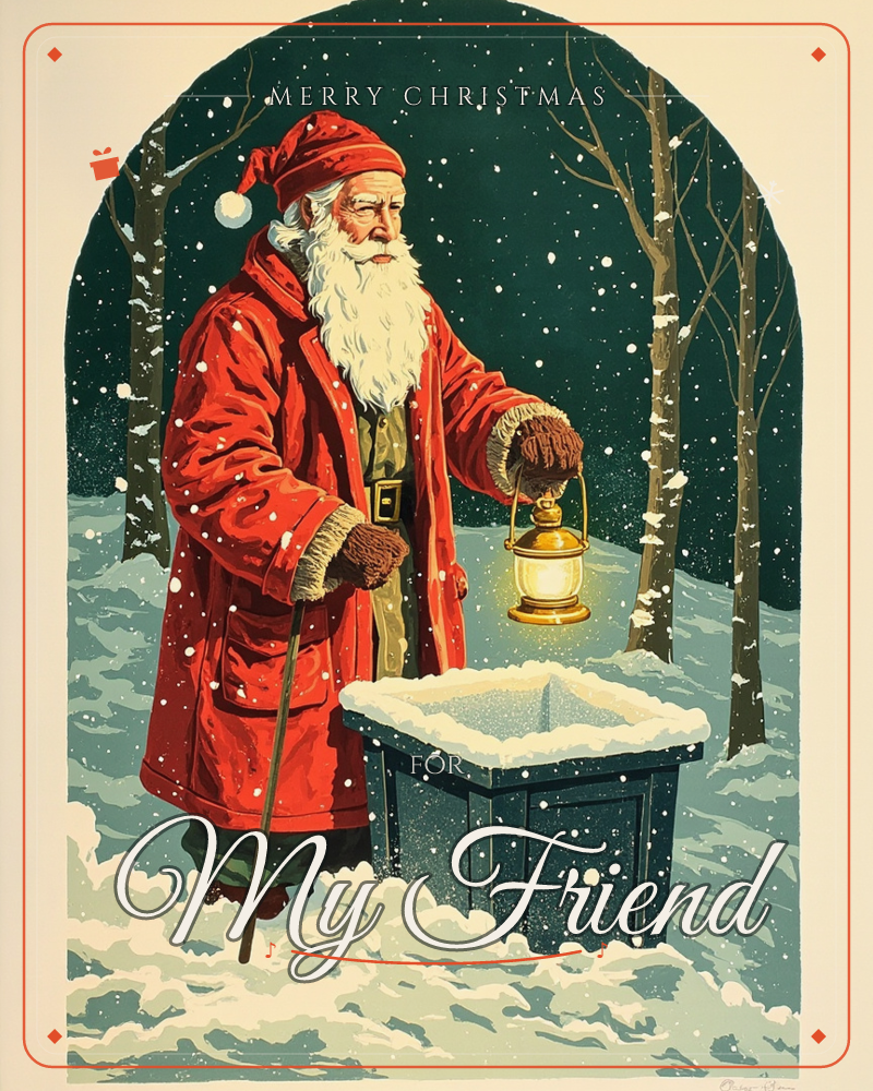 A weathered Santa in a long red coat stands in a snowy forest at night, leaning on a wooden staff and holding up a glowing lantern beside a snow-topped…, a christmas e-card design