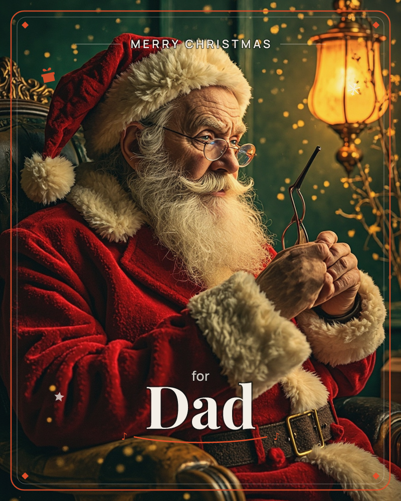 Santa Claus sits in a worn leather chair, pausing to clean his spectacles as he studies something just out of frame, a christmas e-card design