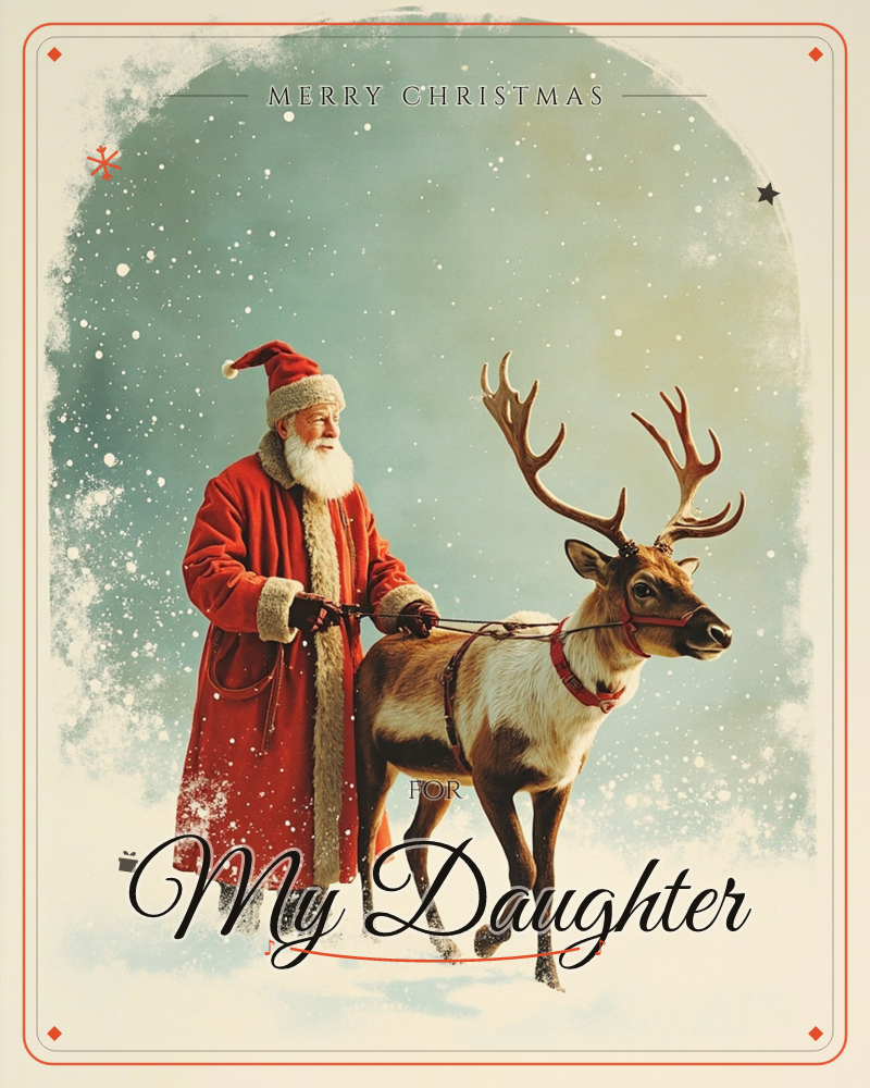 A man dressed as Santa in a long red fur-trimmed coat stands holding the harness of a large antlered reindeer, both facing a softly falling snow…, a christmas e-card design