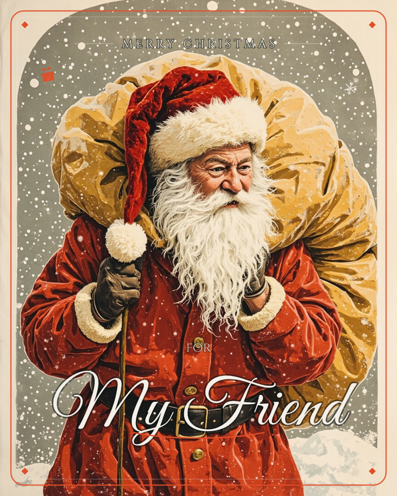 A traditional Santa Claus figure strides forward through falling snow, a huge golden sack of gifts slung over one shoulder and a wooden staff in hand, a christmas e-card design