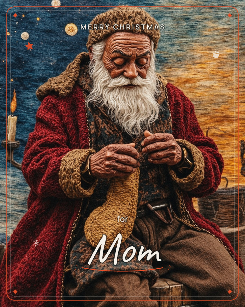 An elderly man with a long white beard sits knitting a golden stocking, dressed in a red fur-trimmed coat and a knitted cap, a christmas e-card design