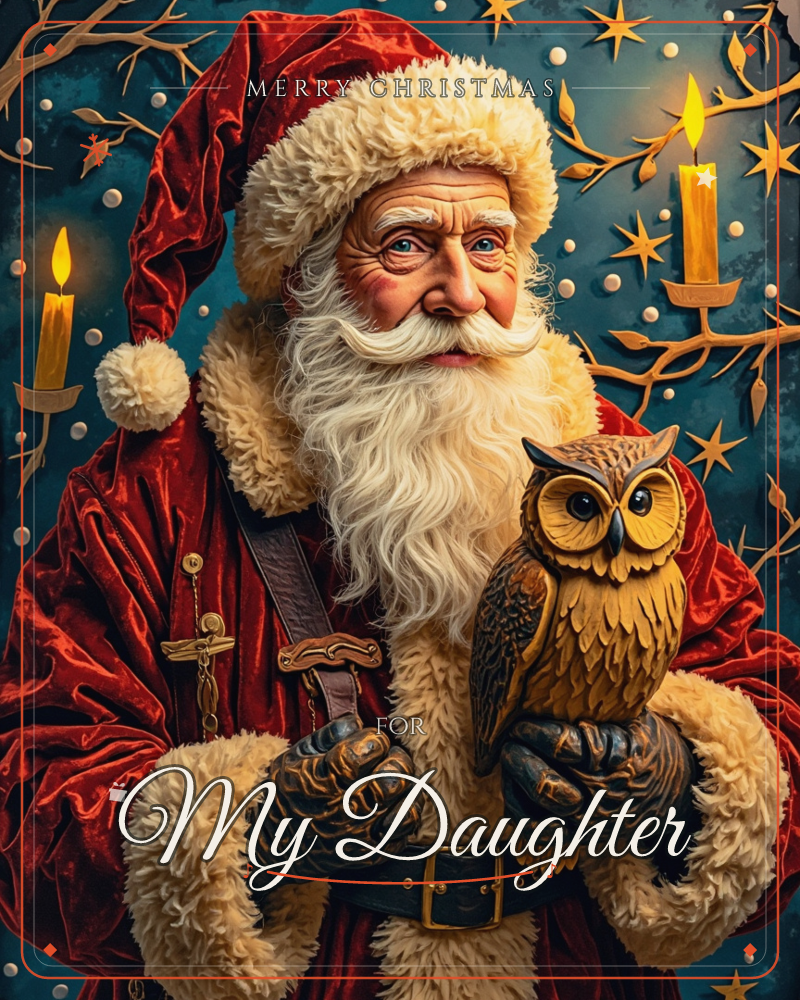 A close portrait of Santa Claus in a red fur-trimmed robe, his white beard catching candlelight as he cradles a golden owl on his gloved hand, a christmas e-card design
