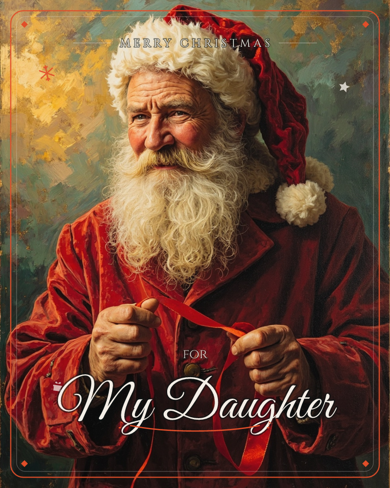 An oil-painted portrait shows Santa Claus in a deep red velvet coat and fur-trimmed hat, his weathered hands carefully tying a length of red ribbon, a christmas e-card design