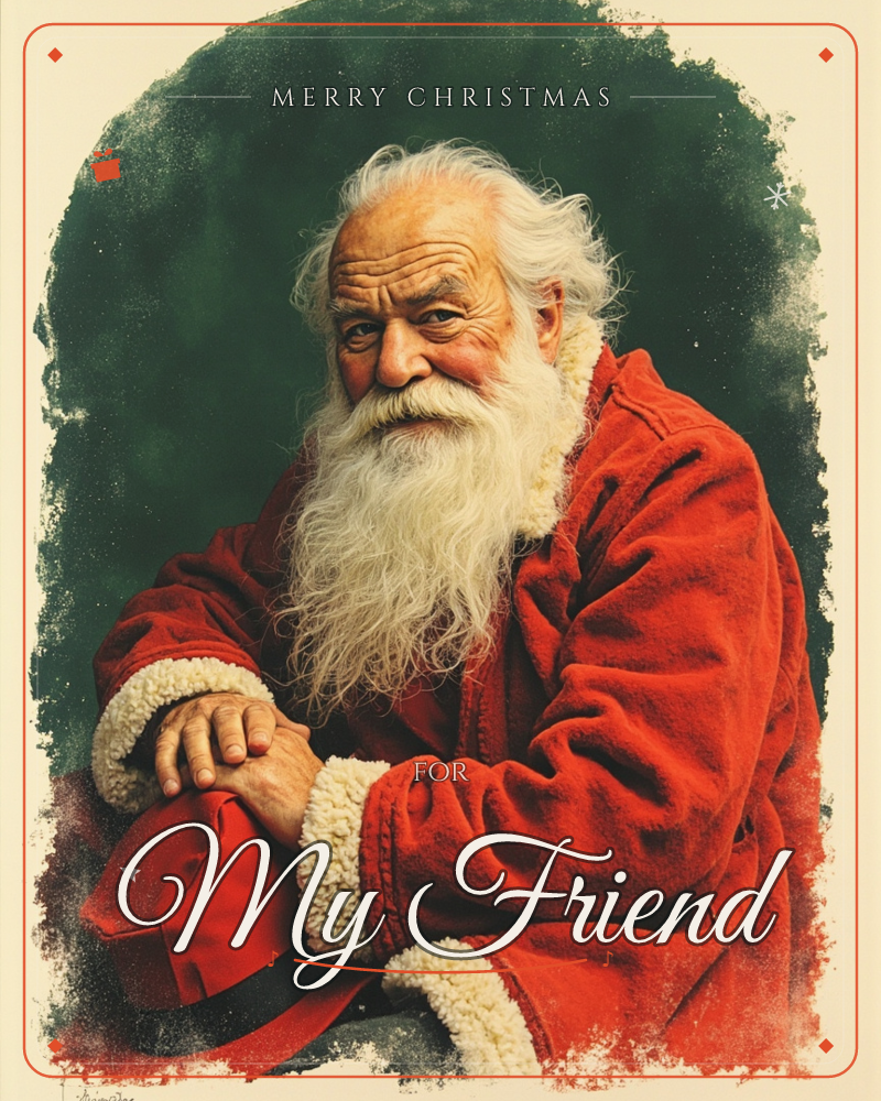 A vintage-style portrait shows an elderly man with a long white beard and weathered face, dressed in a red fur-trimmed coat, resting his folded hands…, a christmas e-card design