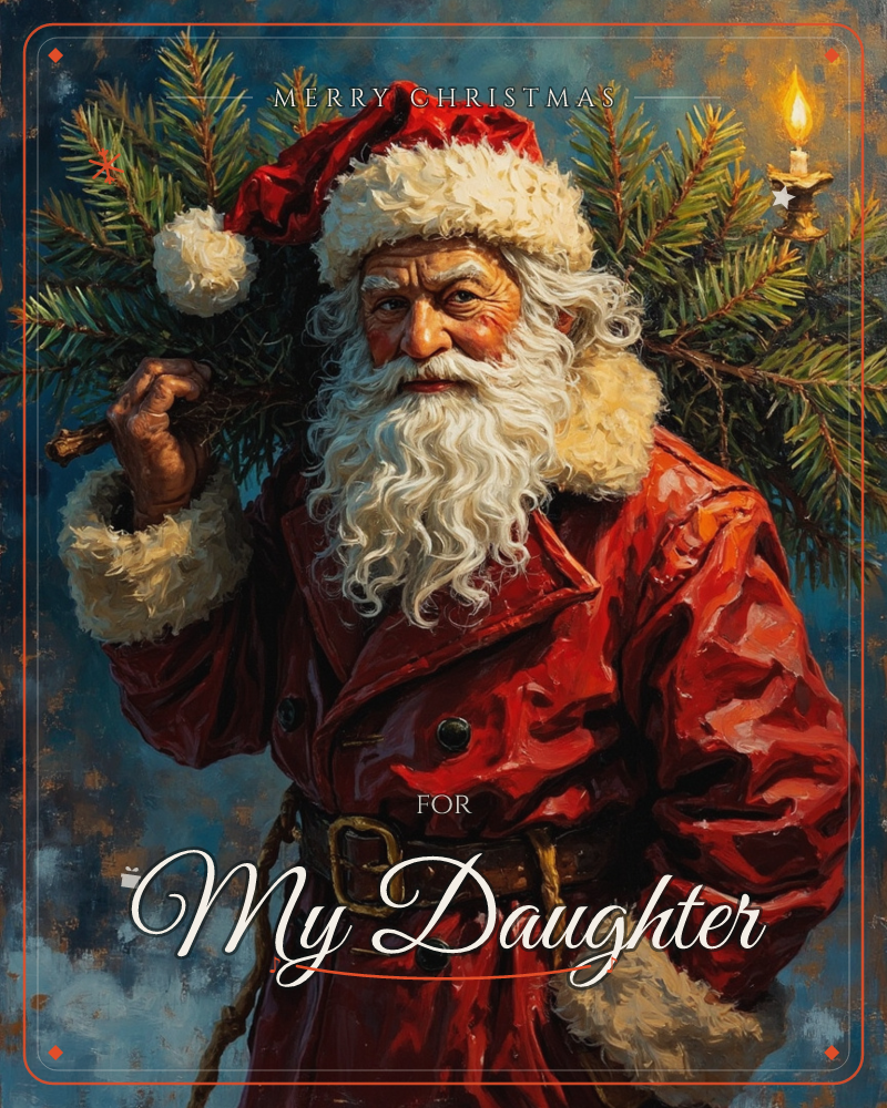 A weathered, kindly Santa Claus carries a fresh-cut pine bough over his shoulder, its needles catching a single glowing candle tucked among the branches, a christmas e-card design