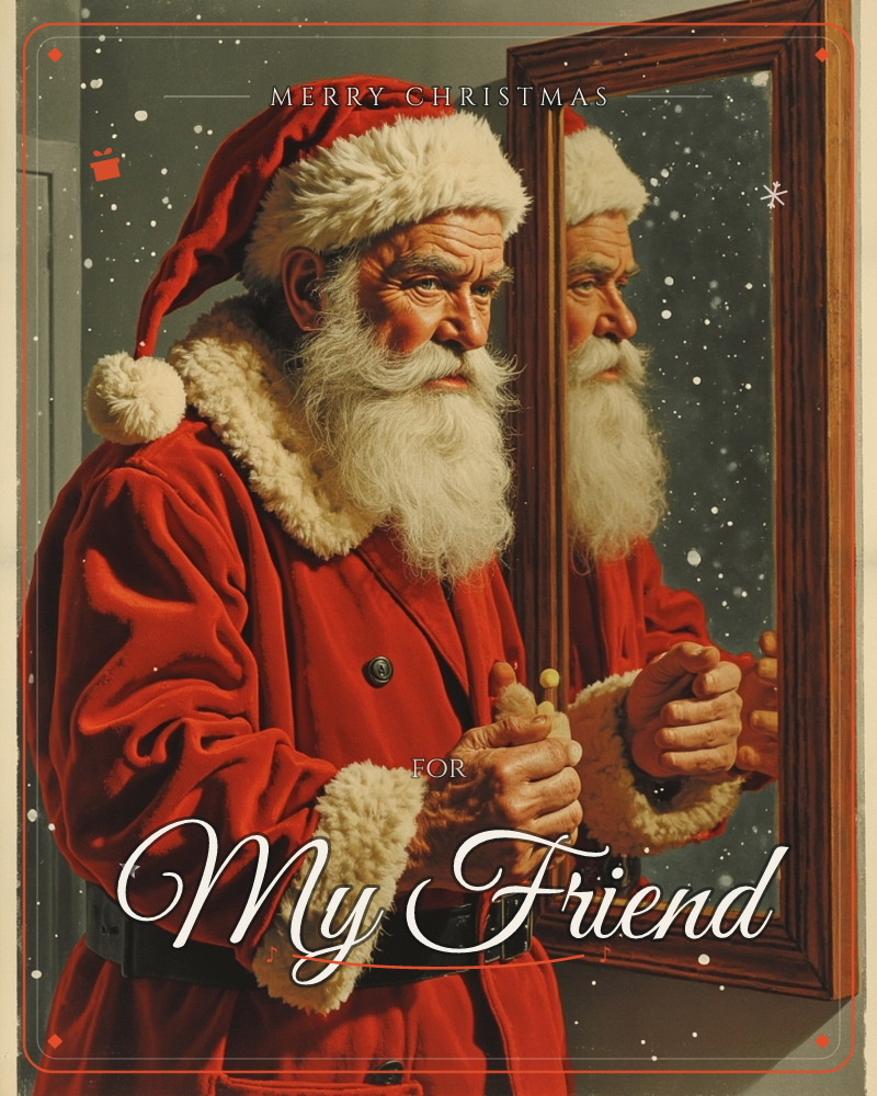 A white-bearded man in a red fur-trimmed suit and cap fastens the buttons of his coat while studying his reflection in a wood-framed mirror, a christmas e-card design