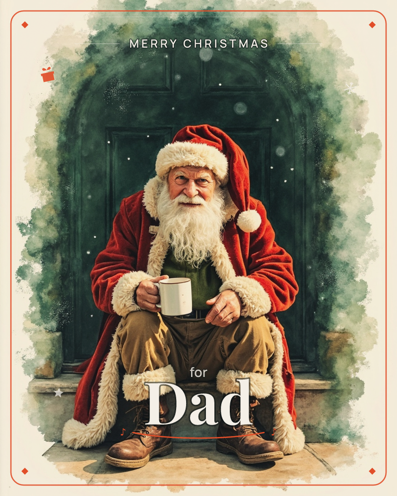 Santa Claus sits on a stone doorstep in front of a weathered dark green arched door, cradling a white mug in both hands and giving a knowing half-smile, a christmas e-card design