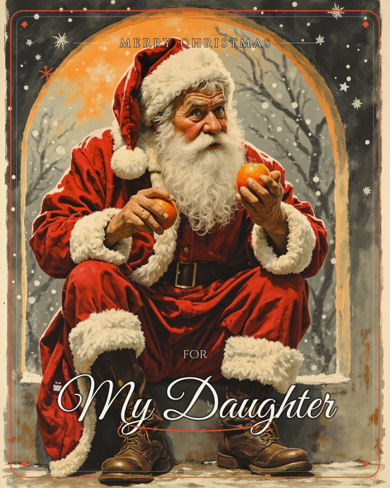 Santa Claus sits on a stone ledge beneath an arched window, holding two oranges in his weathered hands, a christmas e-card design