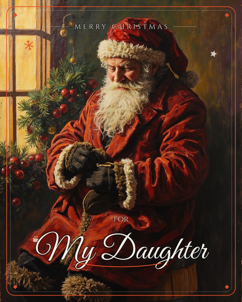 A weathered Santa Claus sits by a glowing window, his white beard catching the warm light as he ties string around a small parcel in his gloved hands, a christmas e-card design