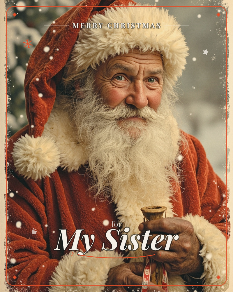 A close-up portrait of a man dressed as Santa Claus, his weathered face framed by a thick white beard and fur-trimmed red hat, standing in falling snow, a christmas e-card design