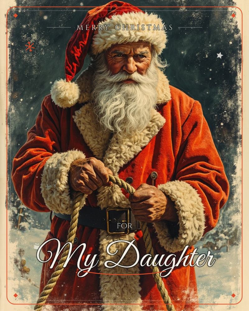 A weathered Santa Claus stands against a dark, snow-flecked night sky, gripping a thick coiled rope in his fur-cuffed gloves, a christmas e-card design