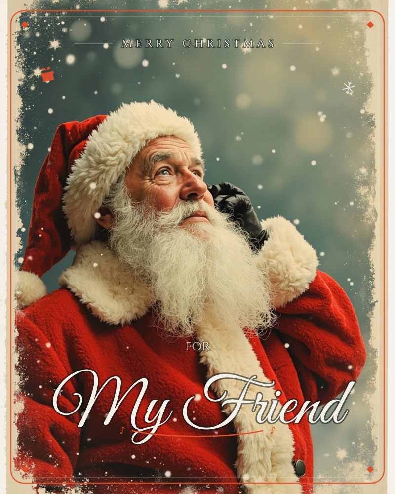 A close-up portrait of Santa Claus in his classic red, fur-trimmed coat and hat, gazing upward with a thoughtful expression as snow drifts down around him, a christmas e-card design