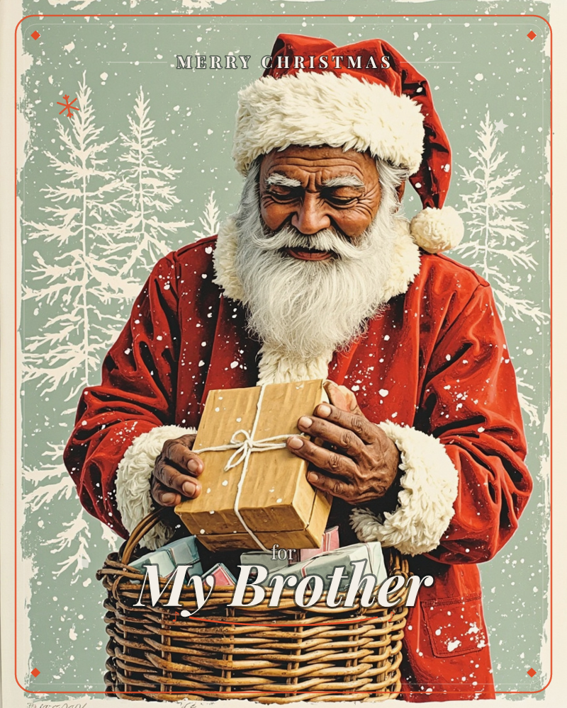 Santa Claus, in a plush red suit and fur-trimmed hat, looks down tenderly as he places a brown-paper parcel tied with string into a woven wicker basket…, a christmas e-card design