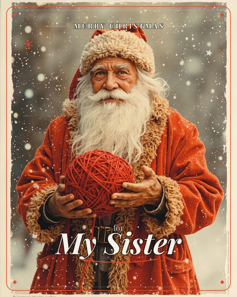 A weathered Santa in a fur-trimmed red velvet coat stands amid gently falling snow, cradling a large red ball of yarn in his bare hands, a christmas e-card design