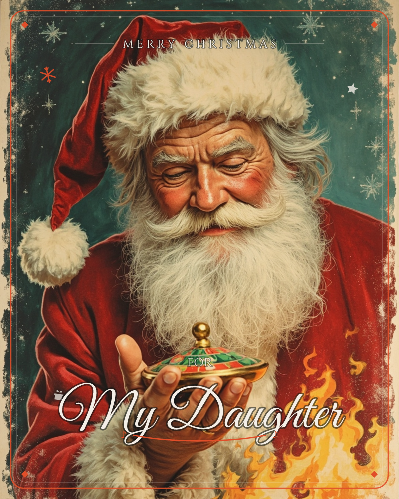 A close-up portrait of Santa Claus in his red hat and fur-trimmed coat, gazing thoughtfully at a small trinket box cradled in his palm as flames…, a christmas e-card design