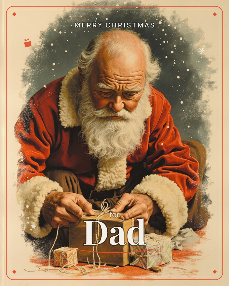 Santa Claus kneels close to the ground, carefully tying string around a wrapped wooden box, his weathered face bent low in concentration under a…, a christmas e-card design