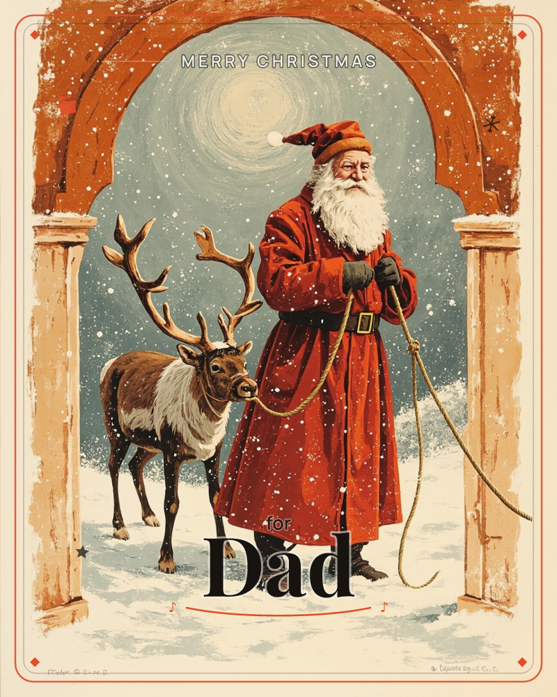 A robed figure in a long red coat and pointed cap stands beneath a weathered stone archway, holding the lead of a large antlered reindeer, a christmas e-card design