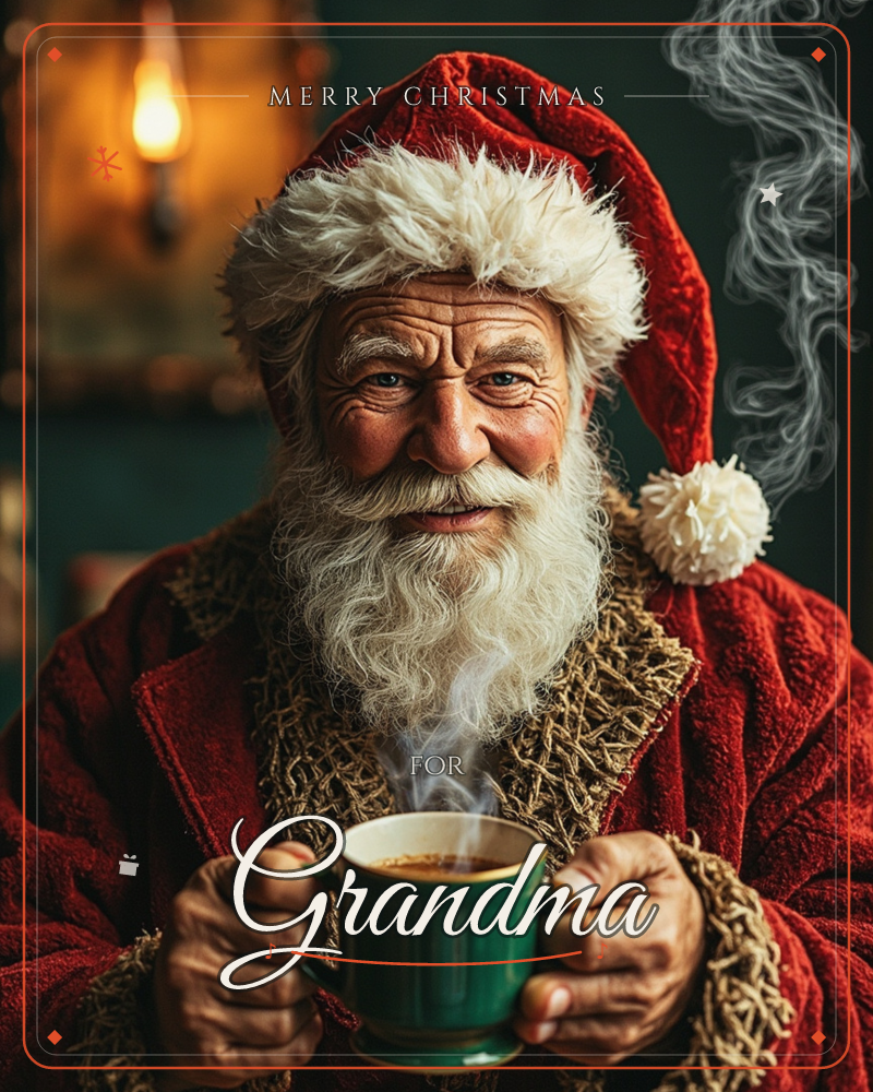 A close portrait shows a white-bearded man in a red velvet Santa coat and fur-trimmed cap, cradling a green mug with both hands as steam curls upward…, a christmas e-card design