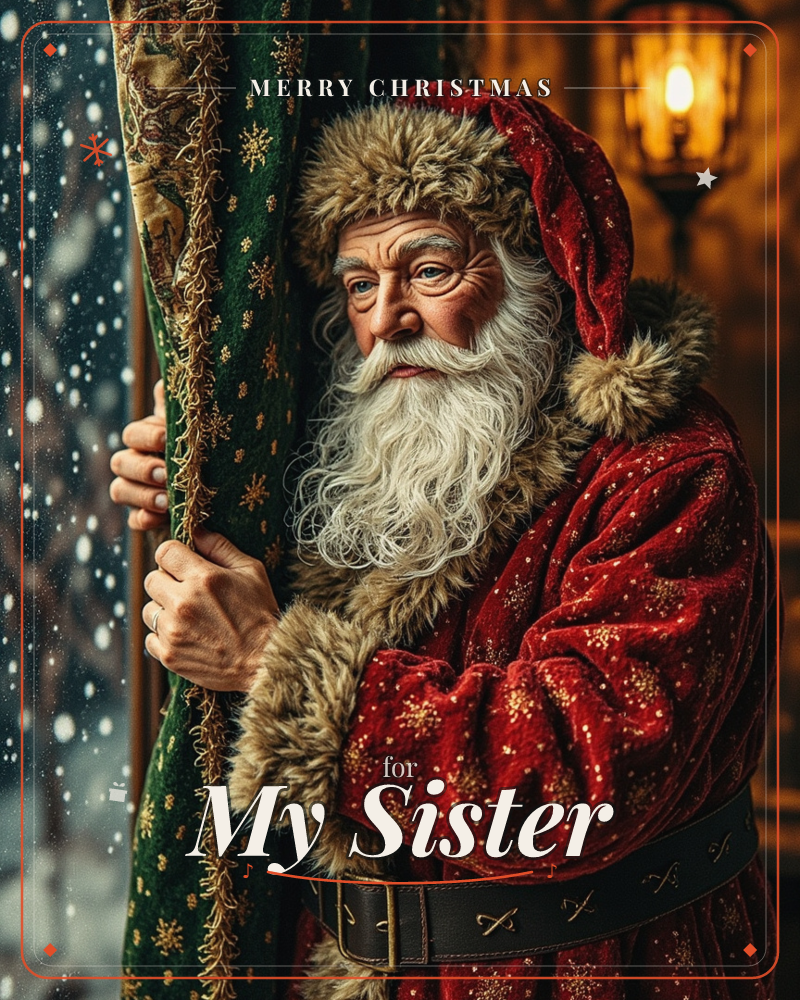 A white-bearded man in a fur-trimmed red velvet robe pulls back a heavy green curtain patterned with gold snowflakes, gazing out at falling snow…, a christmas e-card design