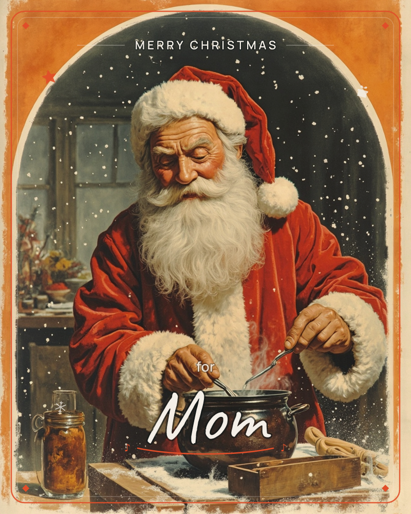 Santa Claus stands at a wooden table stirring a steaming copper pot with a small pair of tongs, snow falling softly against a dark night sky framed by…, a christmas e-card design