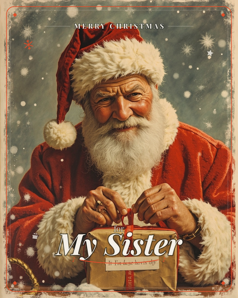 A vintage-style painted portrait of Santa Claus leaning over a small brown-paper parcel, tying a red ribbon into a bow with careful fingers, a christmas e-card design