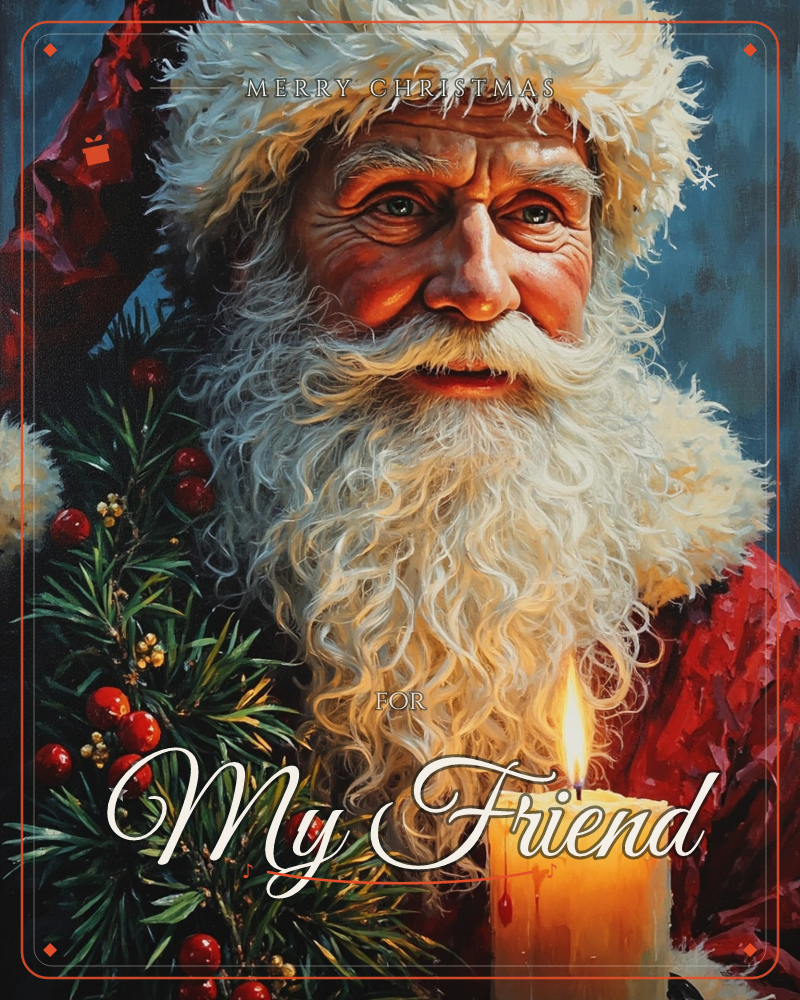 A close-up portrait of a white-bearded man in a red hooded coat and fur-trimmed cap, his weathered face lit warmly by a lit candle glowing beside a…, a christmas e-card design