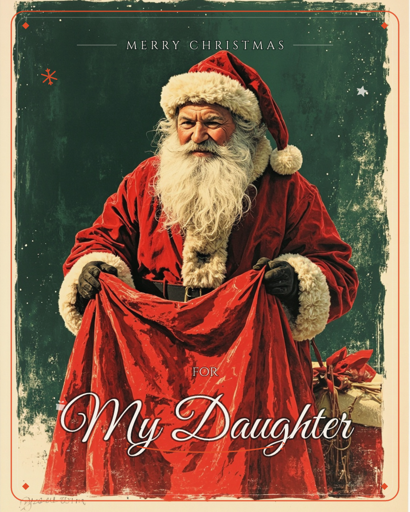 A weathered, painterly Santa Claus stands against a deep textured green backdrop, gripping open a red velvet sack with both gloved hands, a christmas e-card design