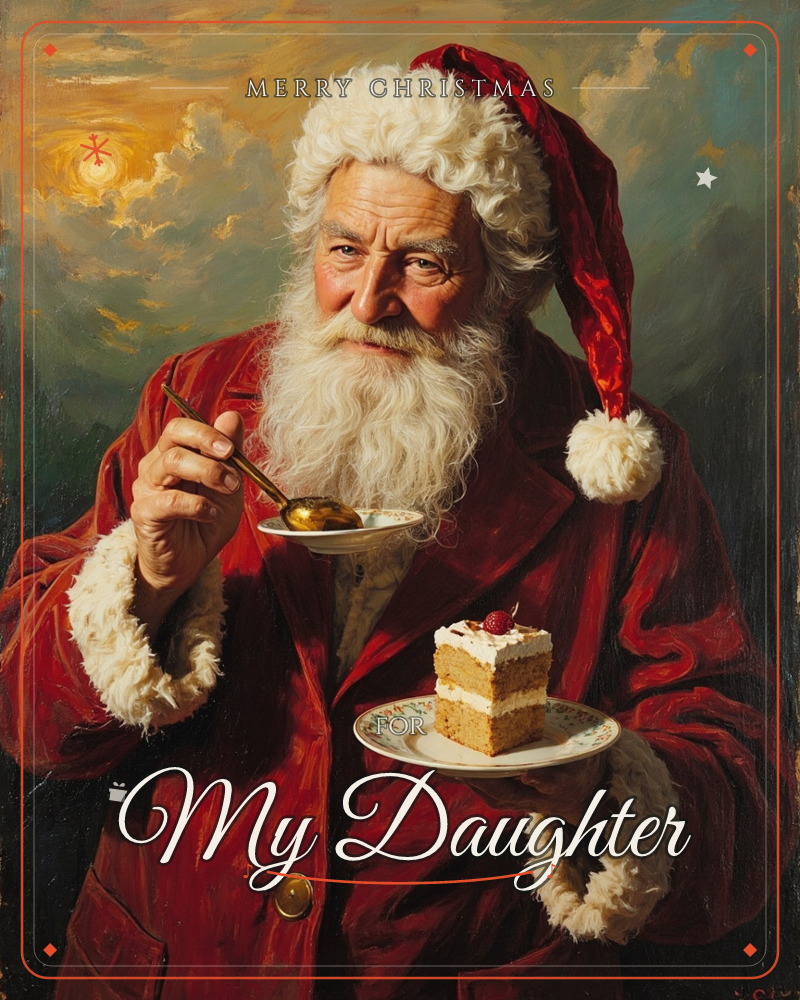 A richly painted Santa Claus stands against a glowing, cloud-streaked sky, his red velvet coat and fur trim catching warm golden light, a christmas e-card design