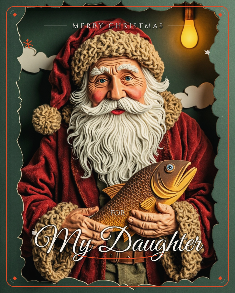 A close-up portrait of Santa Claus, his white beard and knitted cream hat framing a warm, weathered face, as he cradles a large golden fish in his…, a christmas e-card design