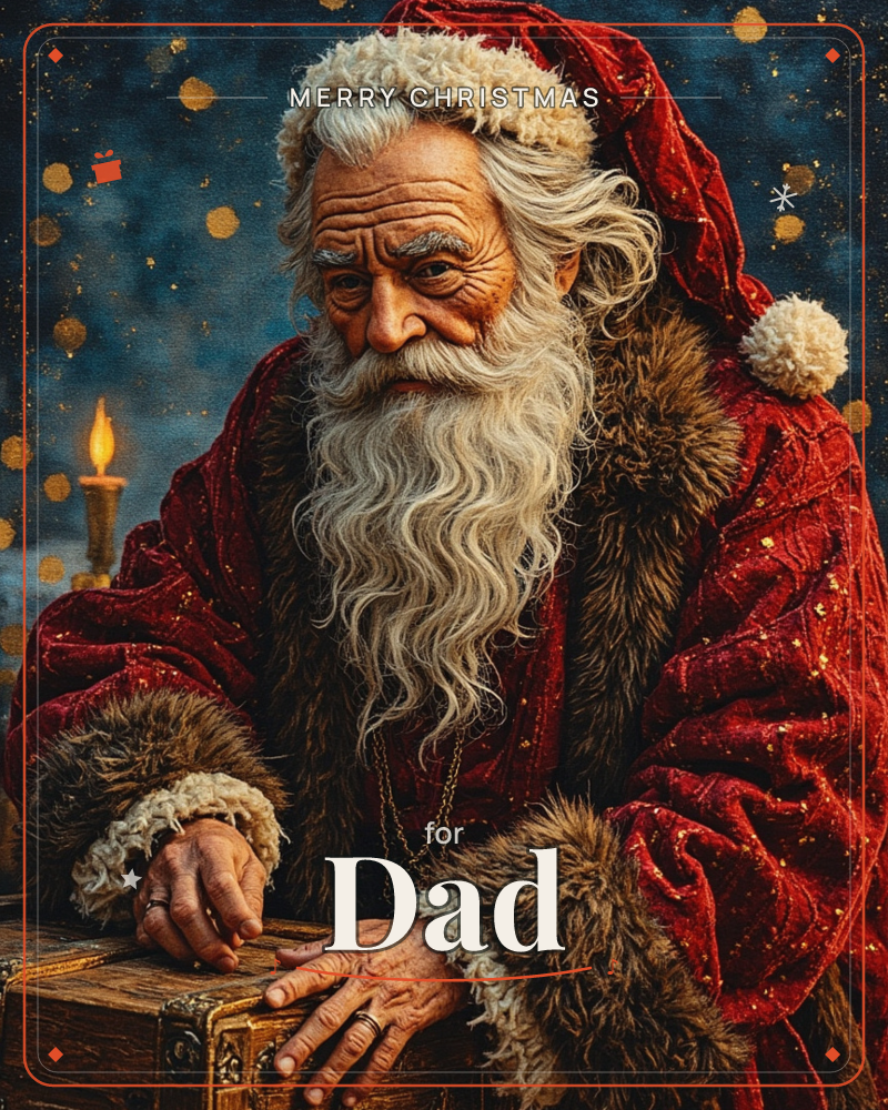 A weathered, kindly old man in a deep red velvet robe trimmed with shaggy fur leans over a wooden chest, a lit candle glowing beside him against a…, a christmas e-card design