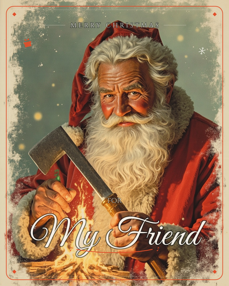 A weathered, rugged Santa in a fur-trimmed red coat grips a hand axe over a small crackling fire of split kindling, his lined face lit warm by the…, a christmas e-card design