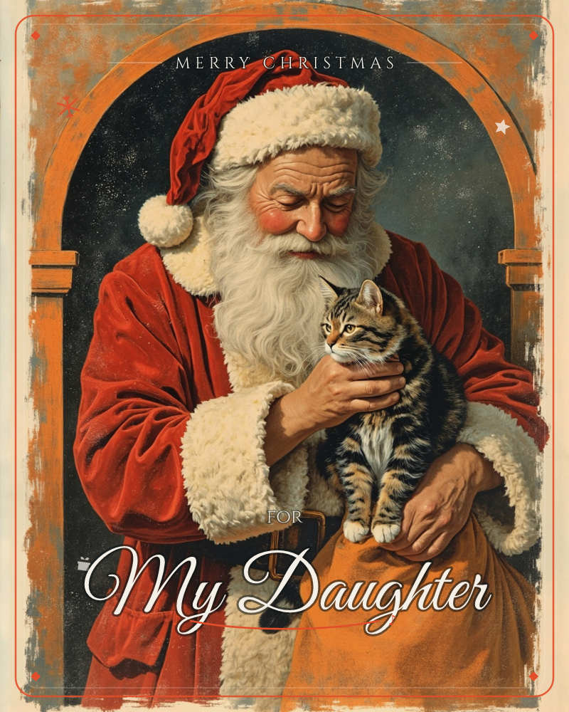 A man dressed as Santa, in a red fur-trimmed coat and cap, gazes tenderly at a striped tabby cat cradled in his arms atop a mustard-coloured sack, a christmas e-card design