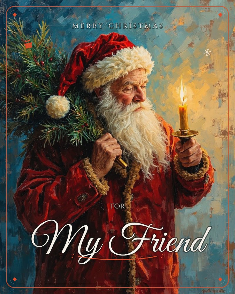 A painterly portrait shows an elderly man in a red fur-trimmed coat and cap, a bundle of pine branches slung over one shoulder, holding up a lit candle…, a christmas e-card design