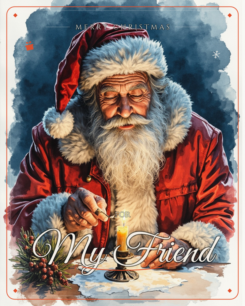 Santa leans over a table in a dim, smoky-blue room, carefully lighting a single candle in an old brass holder, a christmas e-card design