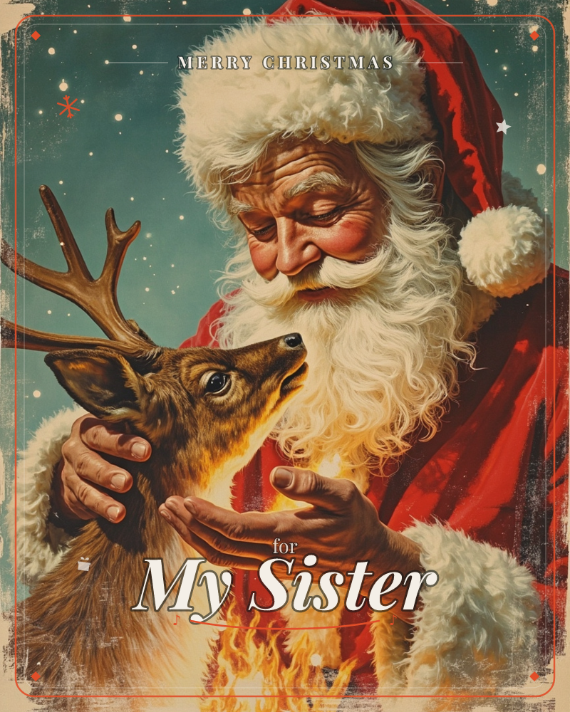 A weathered, storybook Santa cradles a reindeer's face in his hands, both of them lit by a warm golden glow against a starry teal-green sky, a christmas e-card design