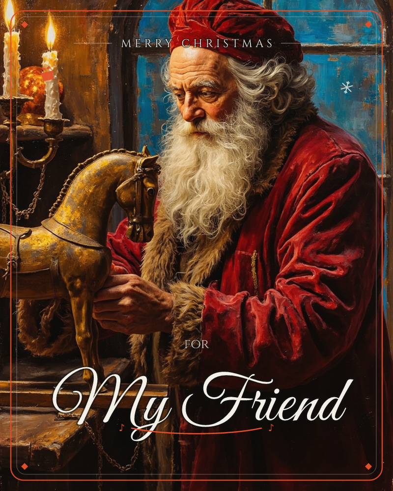 An old man with a long white beard and a red velvet cap and coat leans over a workbench, carefully adjusting the harness on a small golden toy horse, a christmas e-card design