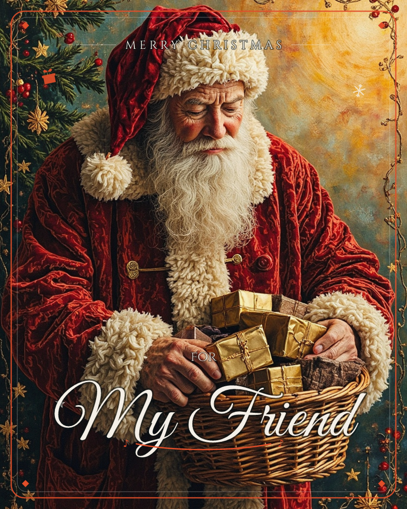 Santa Claus, dressed in a plush red velvet coat trimmed with cream fur, looks down thoughtfully at a woven wicker basket filled with small gold-wrapped…, a christmas e-card design