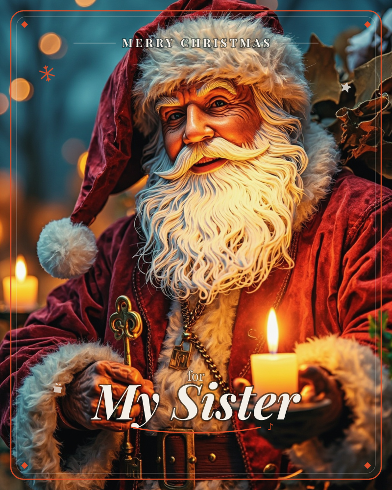 A close-up portrait of Santa Claus in a plush burgundy velvet coat trimmed with white fur, holding a lit candle in one hand and an ornate golden key or…, a christmas e-card design