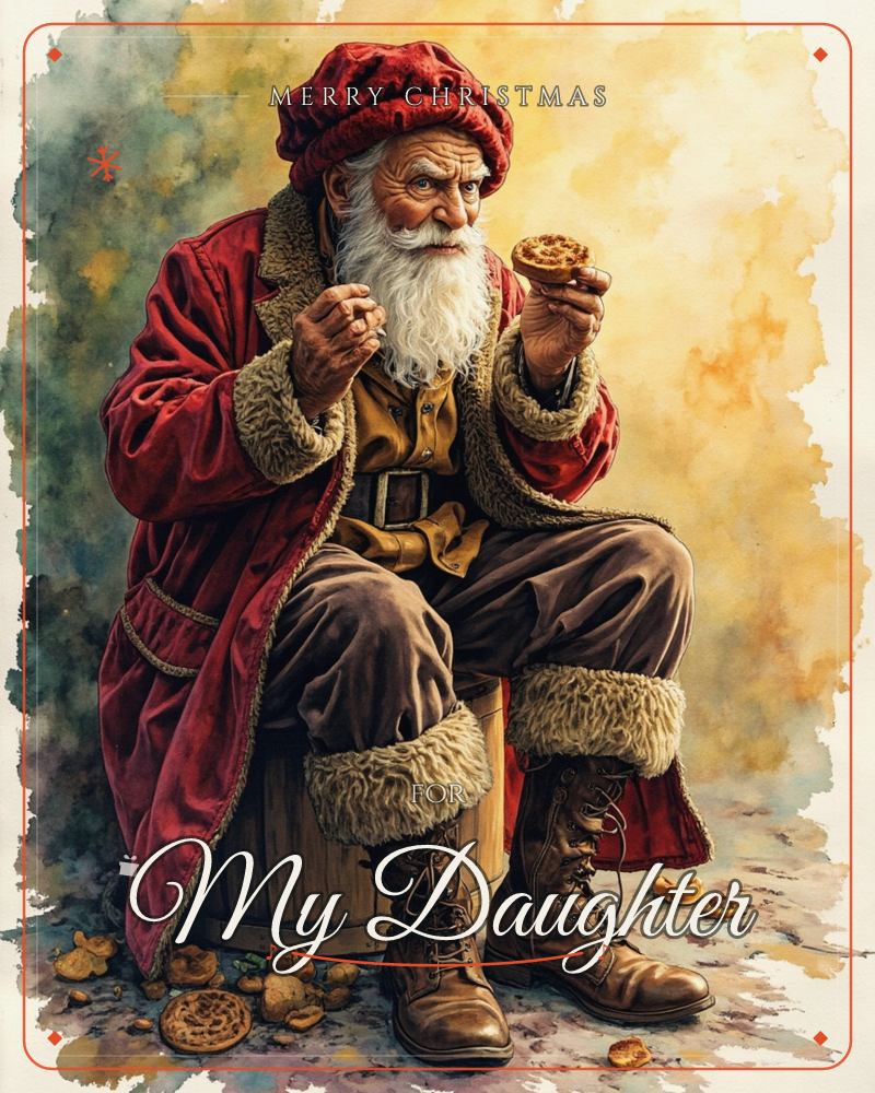 An old man with a long white beard sits on an upturned wooden barrel, dressed in a red fur-trimmed coat, matching cap, and heavy lace-up boots, eating…, a christmas e-card design