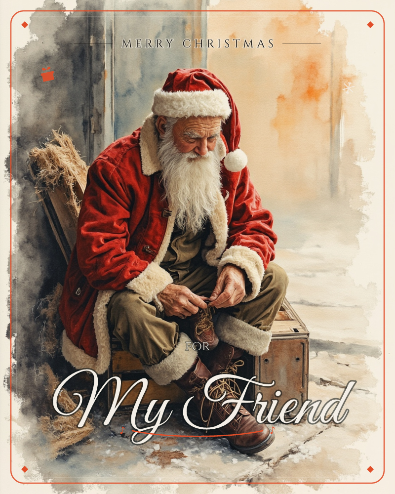A weary Santa Claus sits on a wooden crate in a rustic doorway, bent over as he laces up one worn leather boot, a christmas e-card design