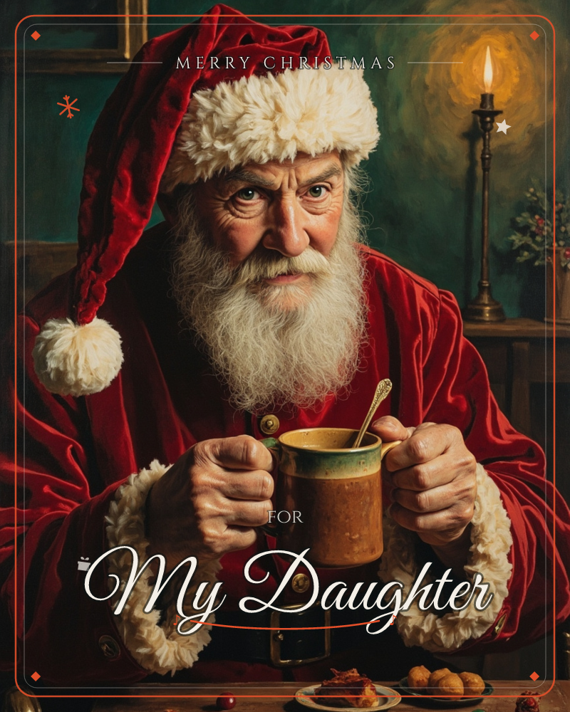 A grizzled Santa in a plush red velvet coat and cap sits close to the table, gripping a mug of hot cocoa with both weathered hands, his white beard…, a christmas e-card design