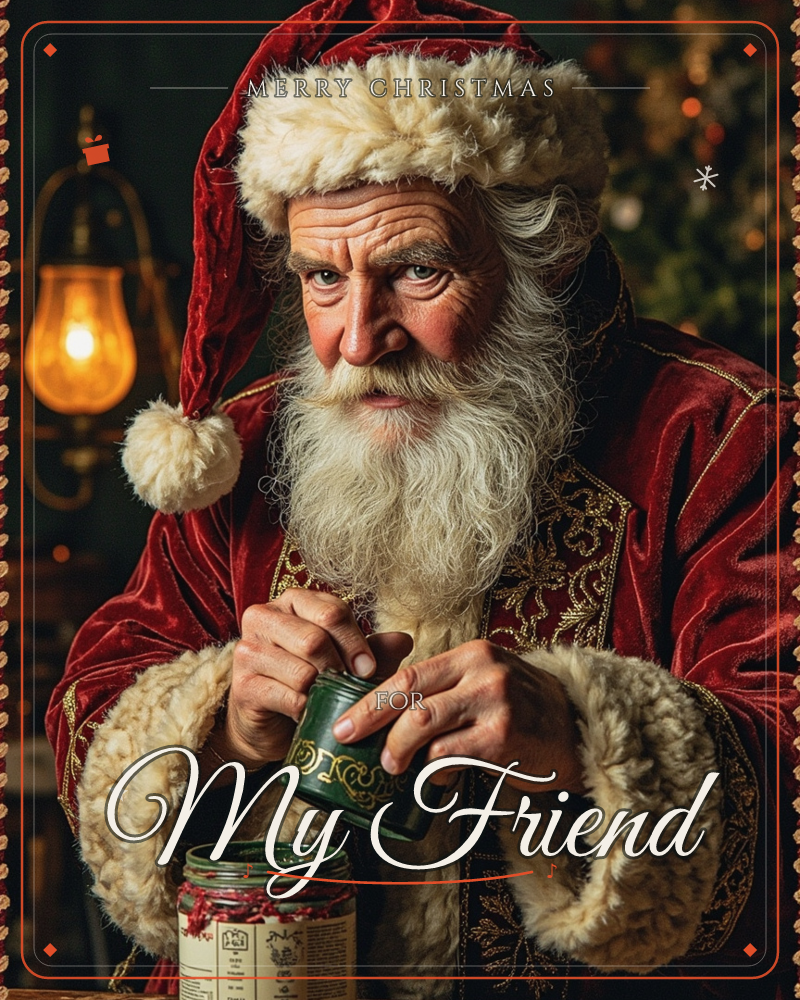 A weathered Santa in a deep red velvet coat trimmed with cream fur leans close to the camera, carefully opening a small green jar as another sits on…, a christmas e-card design