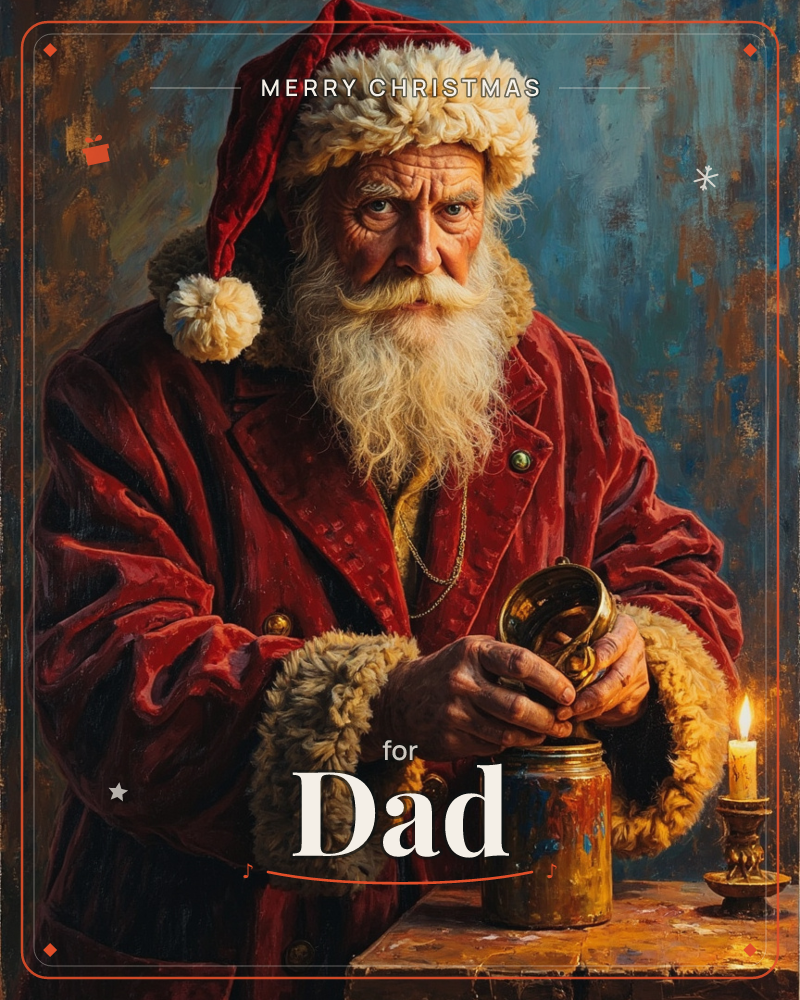 A weathered old man in a fur-trimmed red coat and cap stands at a wooden table, holding a small brass compass over an old tin jar, a single lit candle…, a christmas e-card design