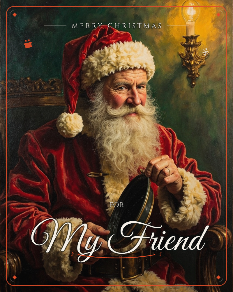 An oil-painted portrait shows Santa seated in a carved wooden chair, his red velvet coat glowing under a wall-mounted lamp with a warm bulb, a christmas e-card design