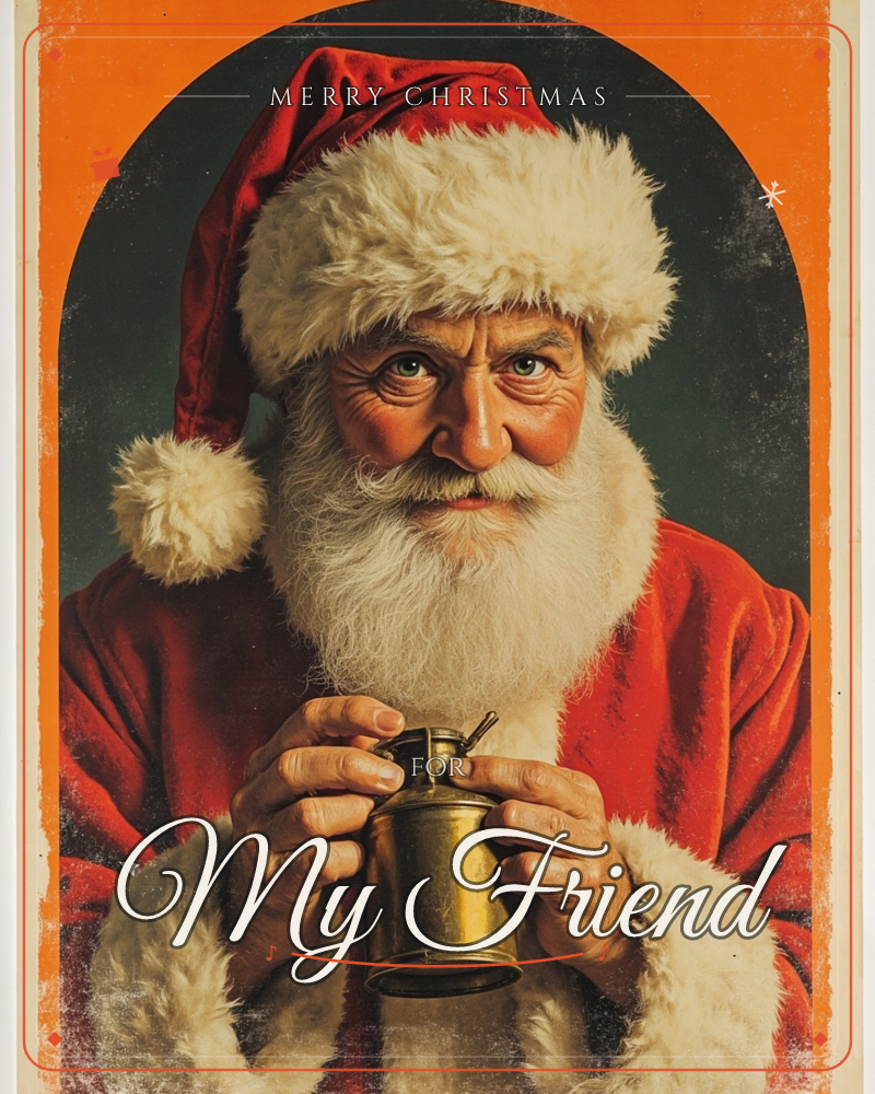 A close-up portrait of Santa Claus in his red velvet coat and white-trimmed hat, holding a small brass lantern or oil can in both weathered hands, a christmas e-card design